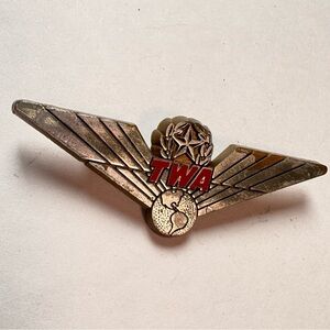 Vintage Gold tone and Red Winged TWA pin Brooch